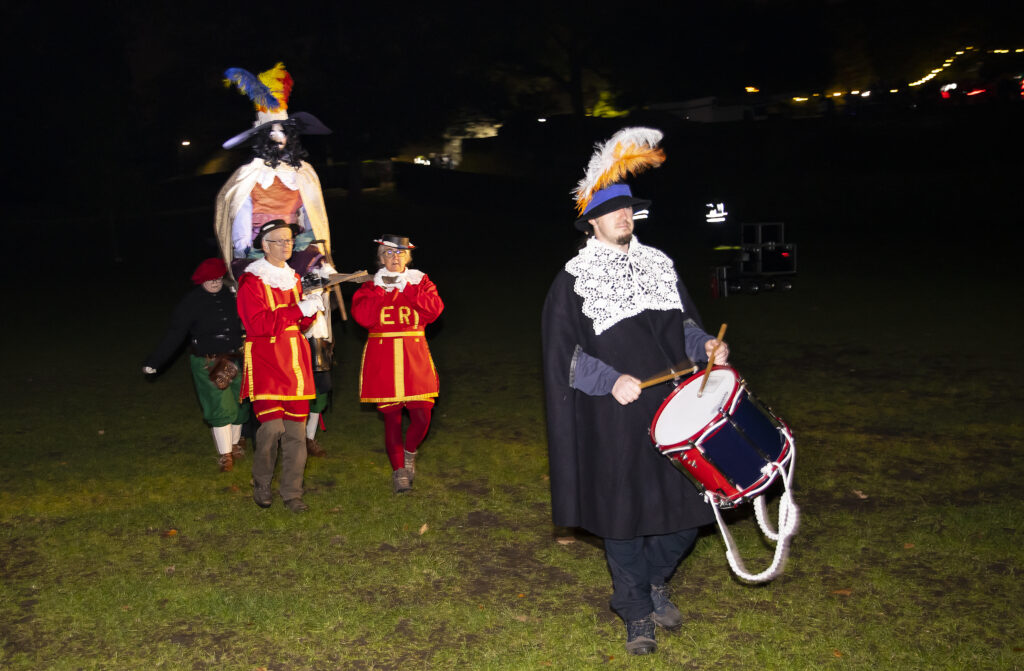 Guy Fawkes Night 2025 fireworks over Colchester Castle at Castle Park with crowds watching the bonfire and Beefeater procession